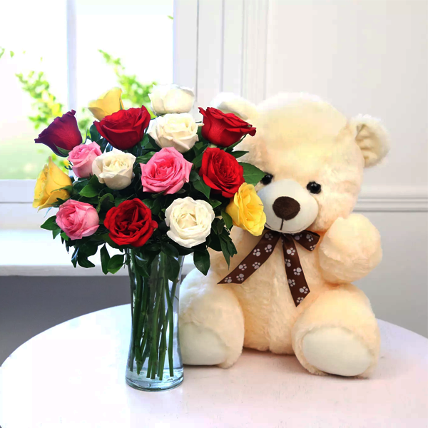 Mix Roses Vase and Cute Teddy