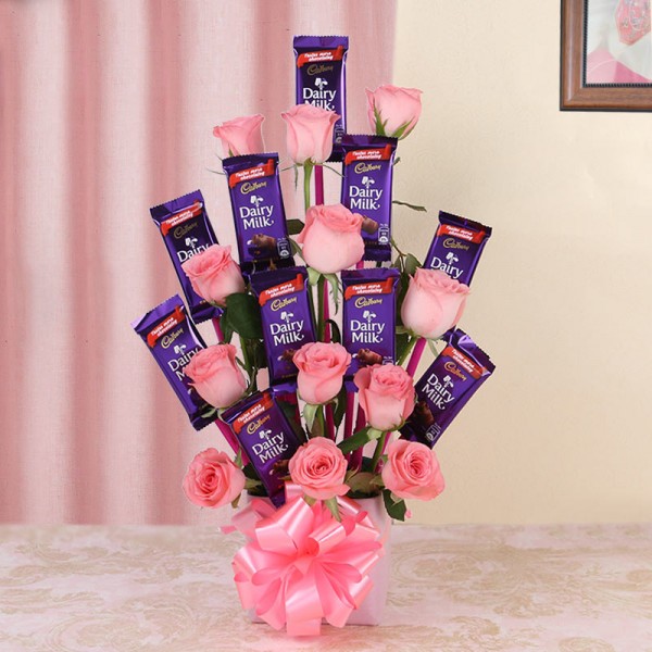 Pink Roses and Cadbury Bouquet