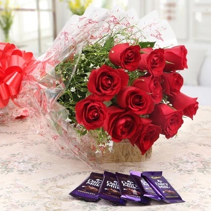 10 red roses bunch and 6 Cadbury chocolates