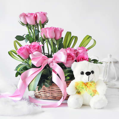 Pink Roses Basket and Cute Teddy