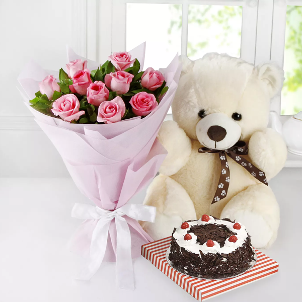 Pink Roses Cute Teddy and Cake