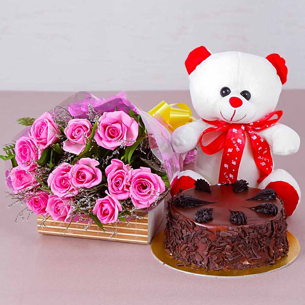 Roses Cute Teddy and Delicious Cake