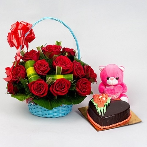 Roses Basket Cute Teddy and Cake