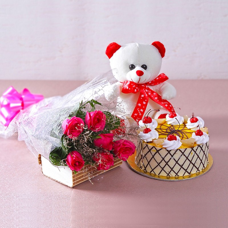 Cute Teddy Roses and Delicious Cake